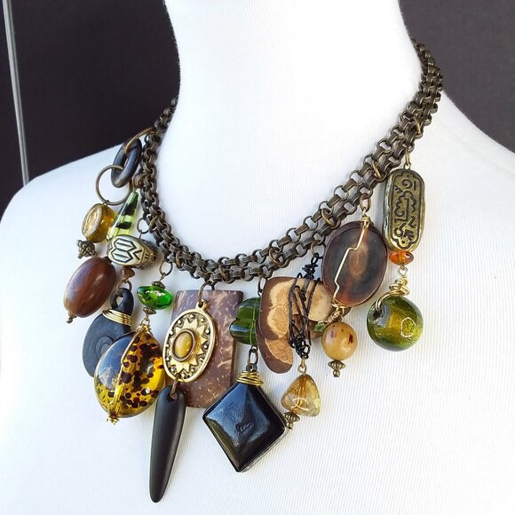 Vintage Treska Necklace Choker Hanging Beads Glass Clay Wood Boho Tribal USA 17" - Picture 2 of 7